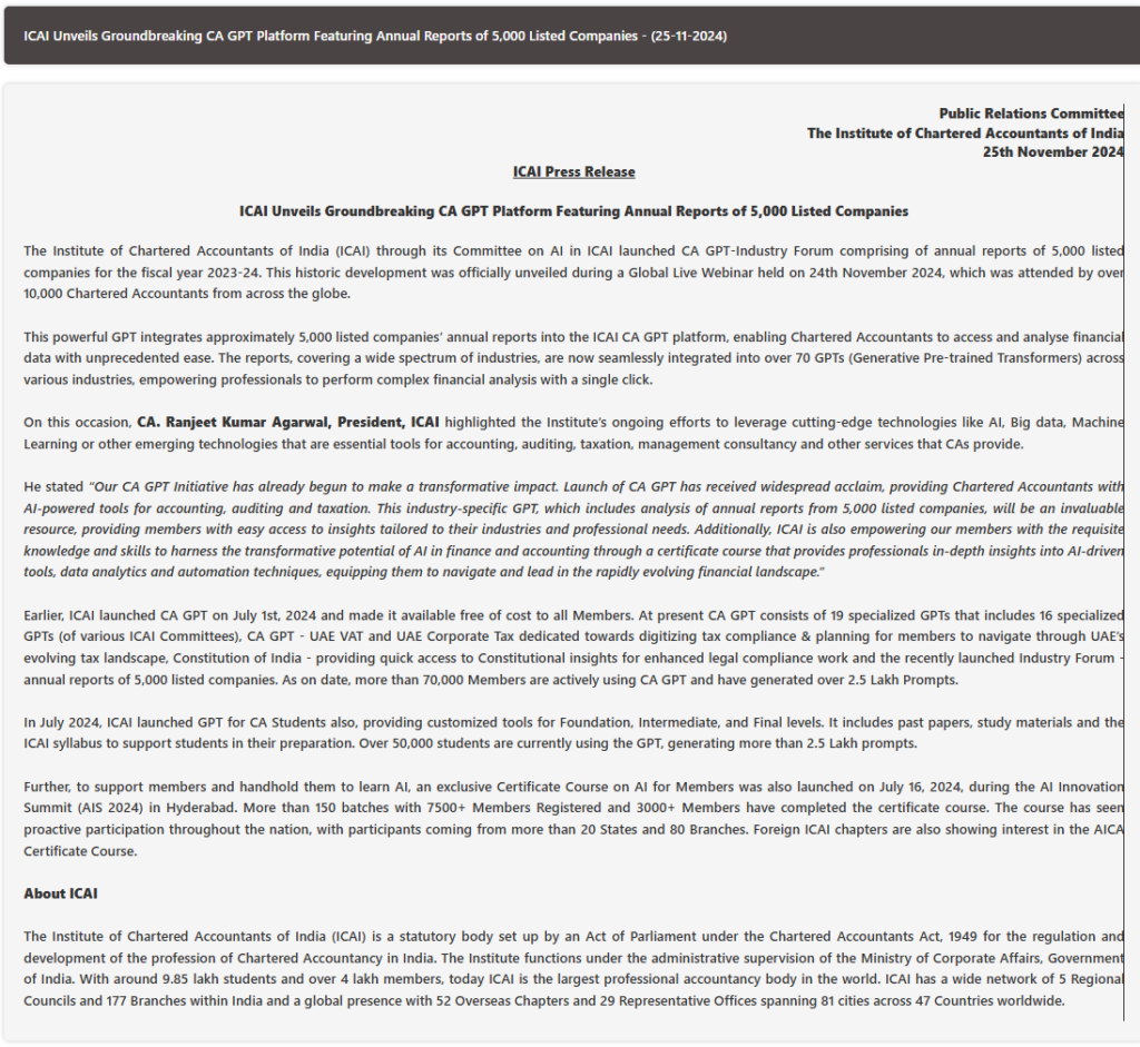 ICAI Press Release
ICAI Unveils Groundbreaking CA GPT Platform Featuring Annual Reports of 5,000 Listed Companies