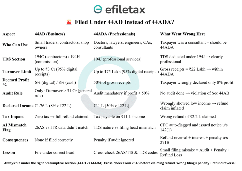 Comparison of 44AD vs 44ADA rules showing how filing professional income under 44AD instead of 44ADA leads to mismatched TDS, audit violation, penalties, and refund reversa